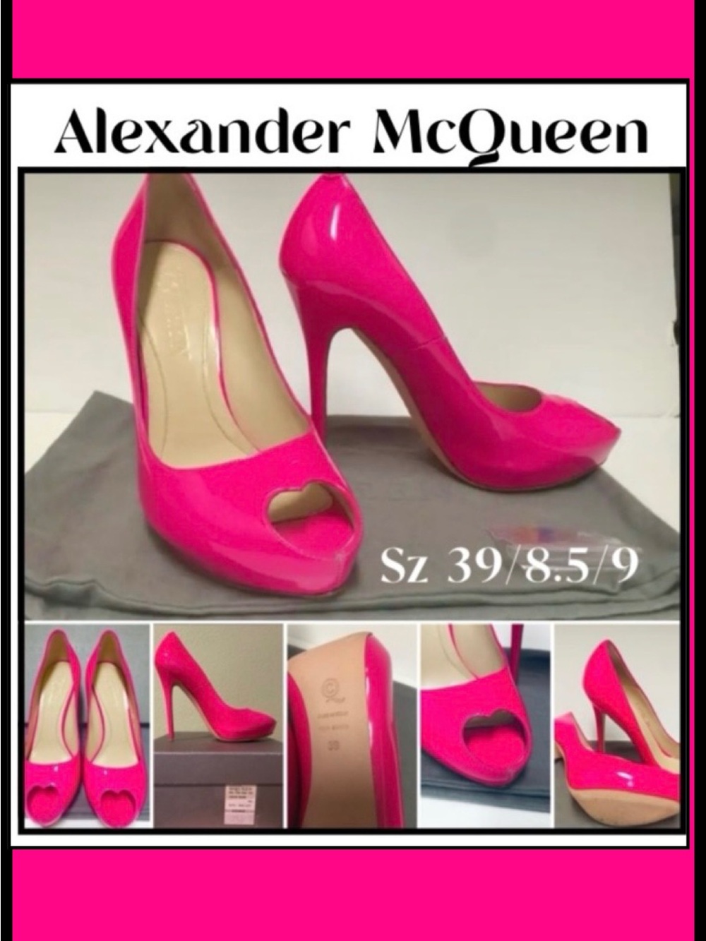 ALEXANDER MCQUEEN Italy Pink Patent Leather Heart Peeptoe Pump Stiletto NEW 39